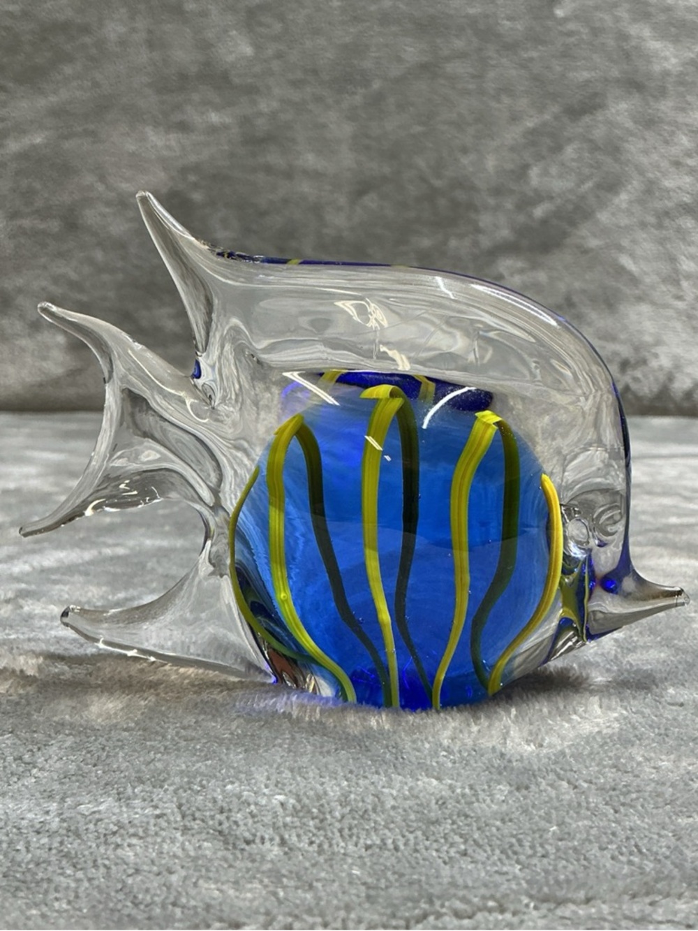Blown Glass Angel Fish Hand Crafted Figurine Paper Weight blue yellow stripe